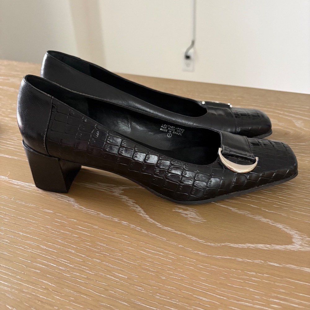 Etienne Aigner Manzoni Black Leather Croc Embossed Block Heel Pumps Shoes 7.5W